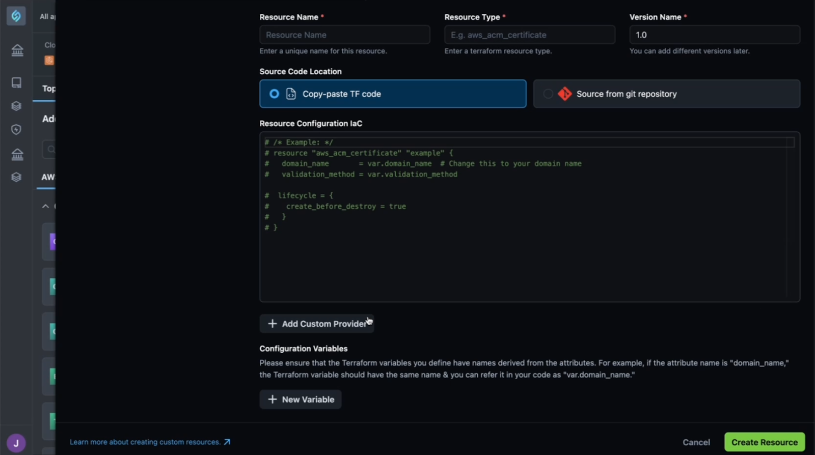 A screenshot of Terraform module code in StackGen