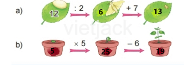 BÀI 45 LUYỆN TẬP CHUNGI.LUYỆN TẬP 1Câu 1: Tìm phép nhân thích hợp. Đáp án chuẩn:Câu 2: Tính nhẩm.Đáp án chuẩn:a) 8              14 15    30          16             18 25   40           b) 6              9 3      6         8              7 4 9 Câu 3: Trong trò chơi Ô ăn quan, mỗi ô có 5 viên sỏi. Hỏi 10 ô như vậy có tất cả bao nhiêu viên sỏi?Đáp án chuẩn:10 ô như vậy có 50 viên sỏi.Câu 4: Số?Đáp án chuẩn:II.LUYỆN TẬP 2Câu 1:Tính nhẩm.Đáp án chuẩn:Câu 2:Tìm chuồng cho chim bồ câu.Đáp án chuẩn:Câu 3: Có 35 bạn tham gia đi cắm trại. Cô giáo chia đều các bạn thành 5 nhóm. Hỏi mỗi nhóm có bao nhiêu bạn?Đáp án chuẩn:Mỗi nhóm có 7 bạn.Câu 4: Số?Đáp án chuẩn:III.LUYỆN TẬP 3Câu 1:a) Tìm bông hoa cho ong đậu.b) Bông hoa nào có nhiều ong đậu nhất?Đáp án chuẩn:a) b) Bông hoa có nhiều ong đậu nhất là bông hoa số 10.Câu 2: Số?Đáp án chuẩn:a)  b)2 × 1 = 2 5 : 5 = 15 × 1 = 5 2 : 2 = 1Câu 3: Số?Đáp án chuẩn:Câu 4: >; <; = ?Đáp án chuẩn:a) b)2 x 3 > 4 2 x 4 = 16 : 25 x 6 = 30 35 : 5 < 40 : 8 IV.LUYỆN TẬP 4Câu 1: Tính nhẩm.Đáp án chuẩn:a) 6  3 2b)2045c) 212d) 515 Câu 2: Viết tích thành tổng rồi tính (theo mẫu).Đáp án chuẩn:a) 7 × 3 = 7 + 7 + 7 = 21b) 8 × 4 = 8 + 8 + 8 + 8 = 32 c) 6 × 5 = 6 + 6 + 6 + 6 + 6 = 30Câu 3: Số?Đáp án chuẩn:Câu 4: Khi chuẩn bị cho buổi sinh nhật, mỗi lọ hoa Mai cắm 5 bông hoa. Hỏi 2 lọ hoa như vậy Mai cắm tất cả bao nhiêu bông hoa?Đáp án chuẩn:2 lọ hoa Mai cắm tất cả  10 bông hoa.V.LUYỆN TẬP 5