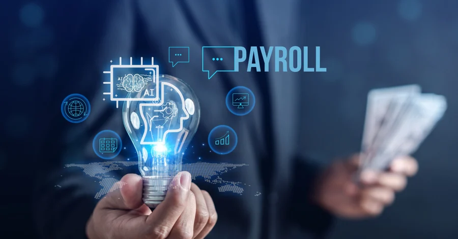 Illustration of payroll software features, with AI and financial icons, representing affordable and effective payroll solutions for small businesses in Dubai