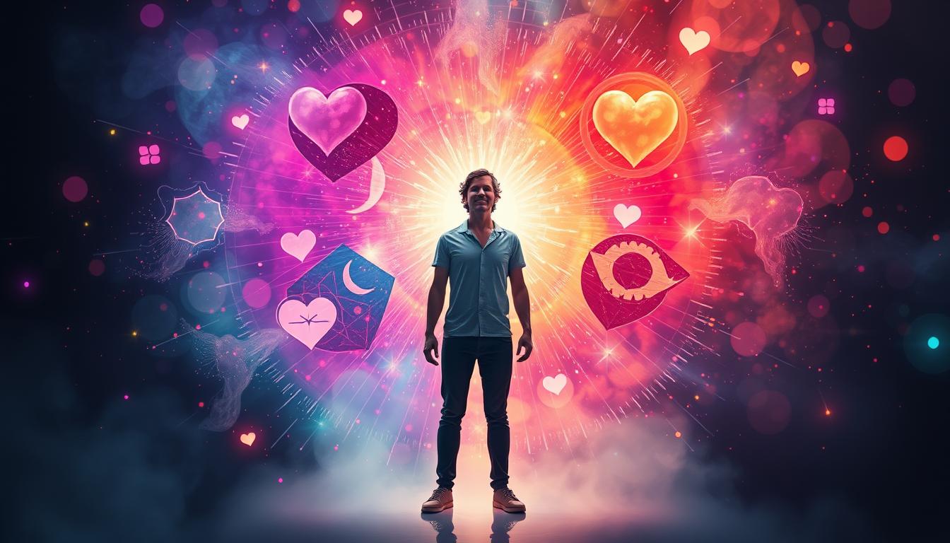 An image of a person surrounded by colorful energy fields and symbols representing different manifestation techniques for attracting love, such as visualization, affirmations, gratitude, and self-love practices. The person is standing confidently and radiating a loving energy, while their specific person is depicted in the background, being drawn towards them by the force of attraction. The overall mood of the image should be joyful, optimistic, and full of hope for a happy and fulfilling relationship.