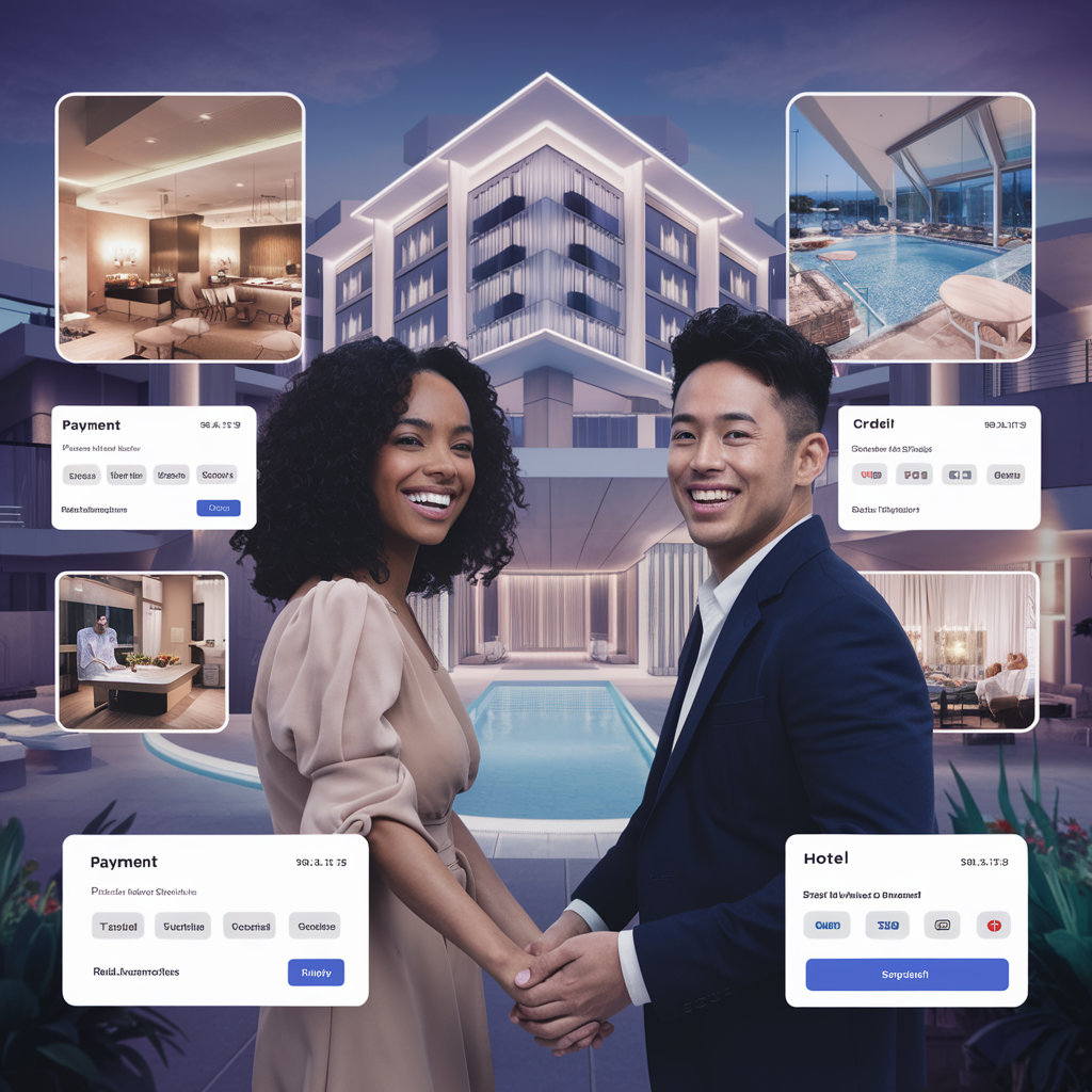 A couple holding hands and several pop-ups showing payment options.