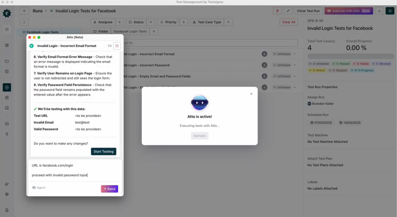 The agentic AI of Testsigma test management software executes tests autonomously.