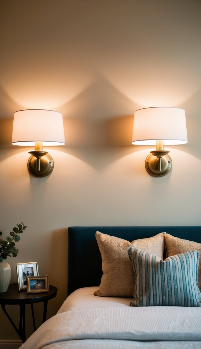 Two wall sconces flank a bed in a cozy guest bedroom, casting a warm glow on the decor