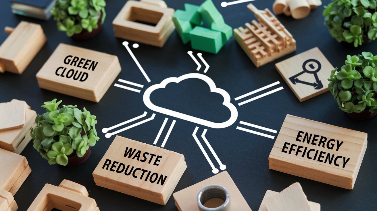 A business integrating green cloud computing with other sustainability initiatives like waste reduction and energy efficiency