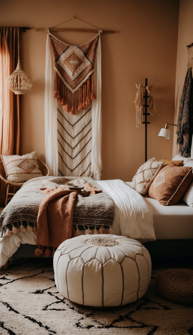 A cozy boho bedroom with a Moroccan pouf ottoman as a centerpiece. Warm, earthy tones, layered textiles, and eclectic decor create a relaxed, inviting atmosphere