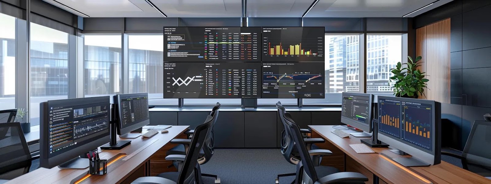 a sleek, modern office workspace with dual computer screens displaying vibrant analytics dashboards and keyword metrics, highlighting the transformative impact of intelligent keyword research tools on seo strategies.