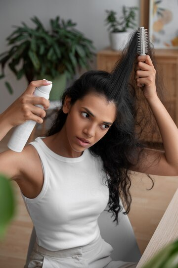 woman using shampoo/hair care product at home