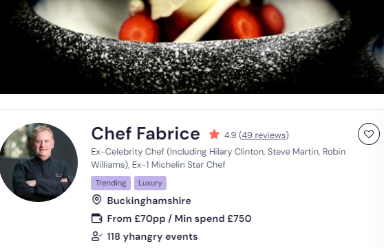 Chef Fabrice as one of the top 20 chefs in UK