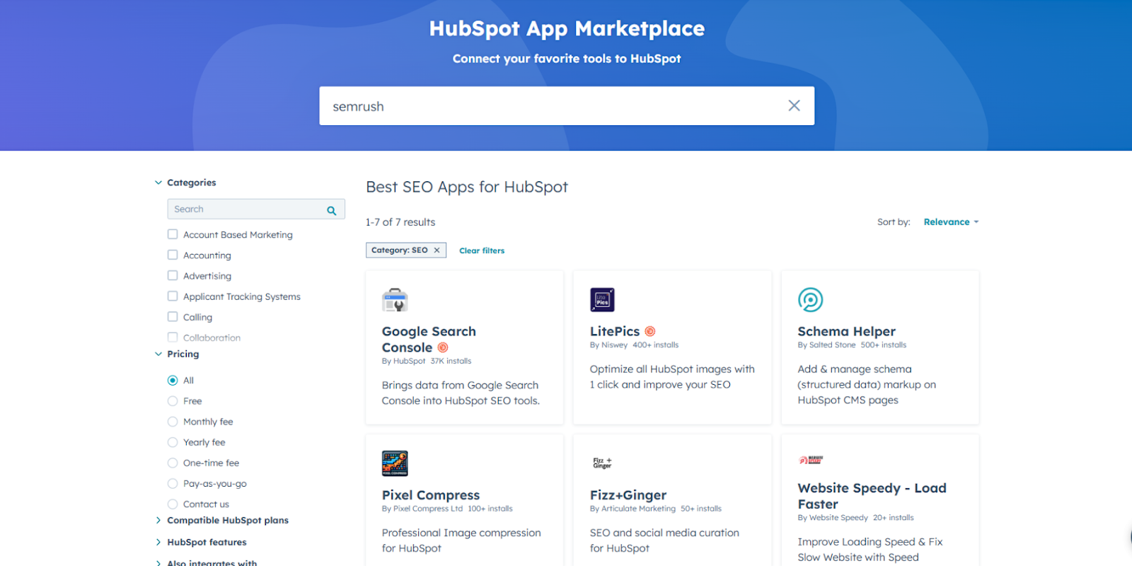 Screenshot of the HubSpot App Marketplace featuring SEO apps that integrate with HubSpot.