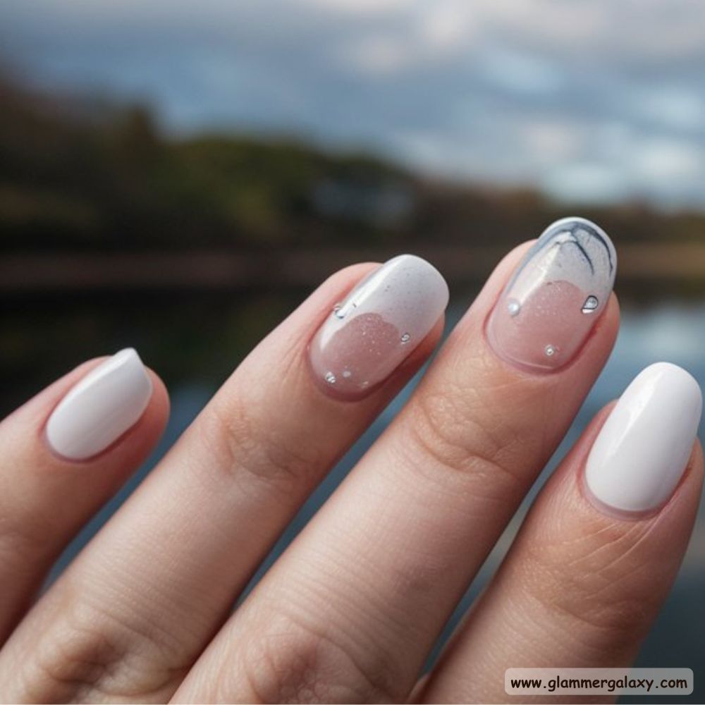 White Fall Nails having Transparent Glass Effect
