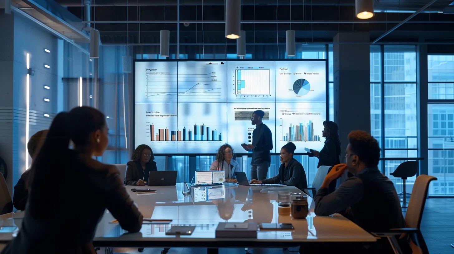 a sleek, modern office filled with diverse professionals collaborating around advanced digital displays showcasing ai-driven crm analytics and futuristic customer interaction strategies.