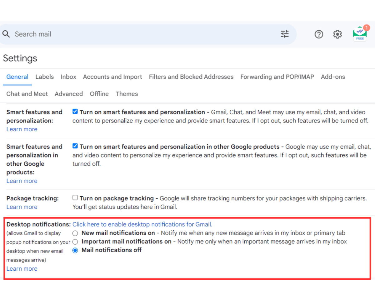 The Gmail Settings window for setting up email notifications on desktops