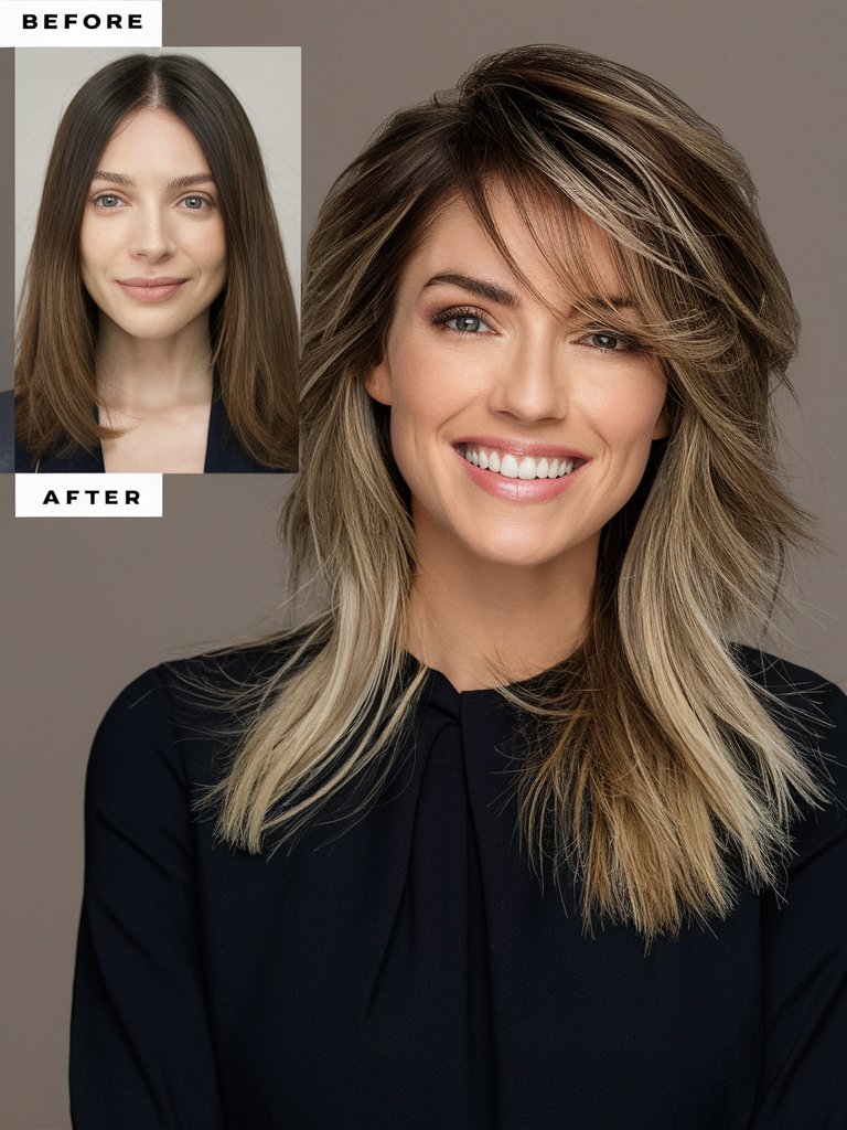 2. Blended Wispy Bangs and Textured Layers