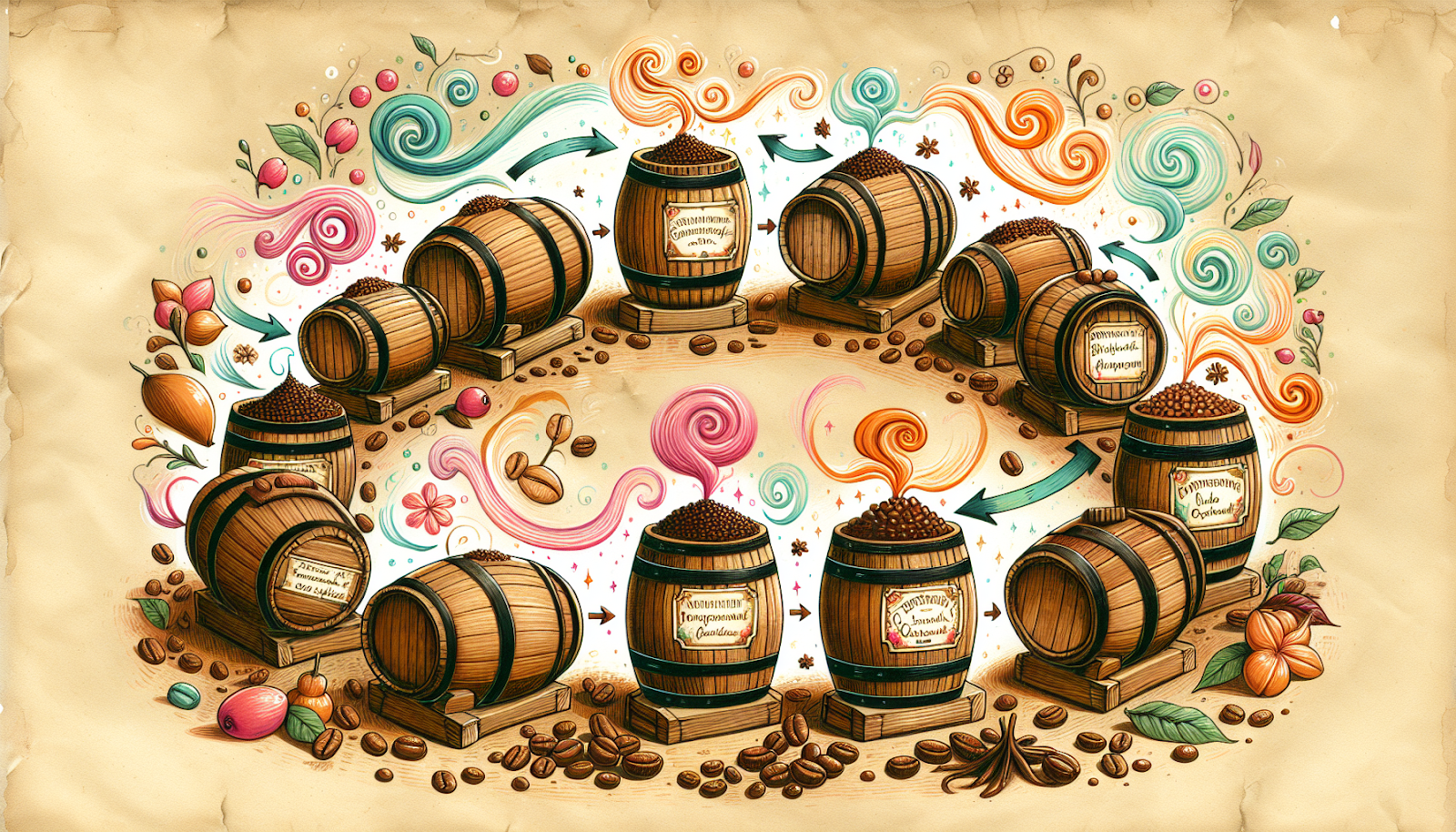 An artistic depiction of the changes in flavor and aroma during the aging process of coffee.