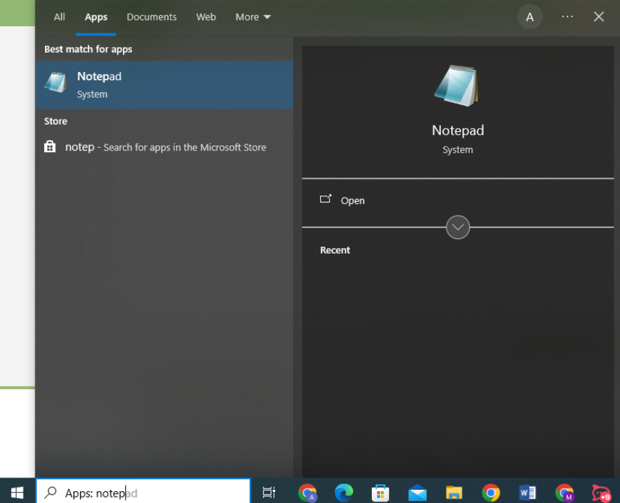 screenshot of the notepad app in the start menu on a windows computer