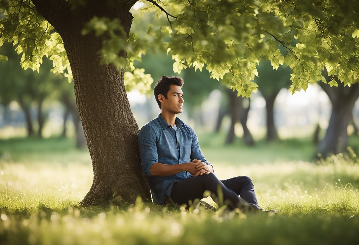 1. A weary traveler sitting under a tree.
2. A gentle breeze providing comfort and relief.
3. The traveler's burden being lifted away