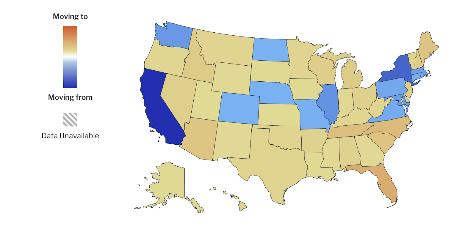 Chart of the United States showing hottest and coldest relocation markets.  Raleigh housing market is net positive.