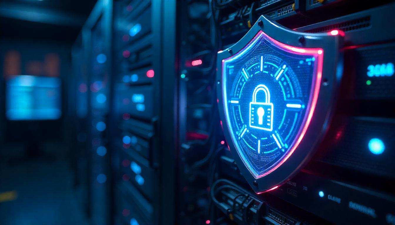 The prominently displayed, glowing security shield in this technology-driven environment exemplifies the "compliance requirements for 24/7 monitoring" that cybersecurity teams must uphold to safeguard critical systems and data, ensuring the organization's digital assets are protected around the clock