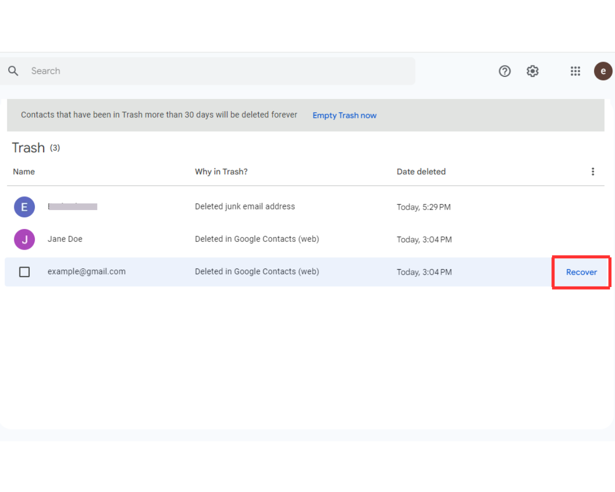 How to recover deleted contacts in Gmail: Hover over the contact and click the Recover button at the right