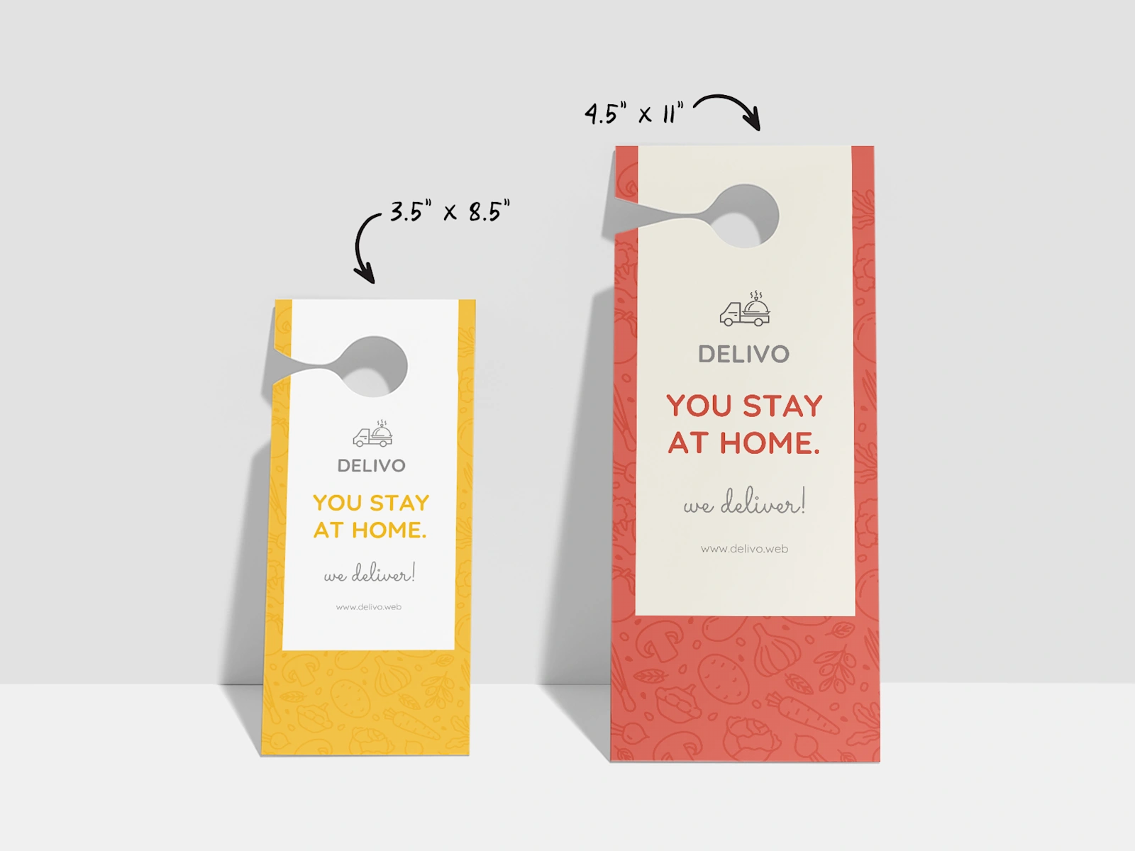 Door hanger marketing example from a food delivery service that says "Delivo: You Stay At Home. We Deliver!"