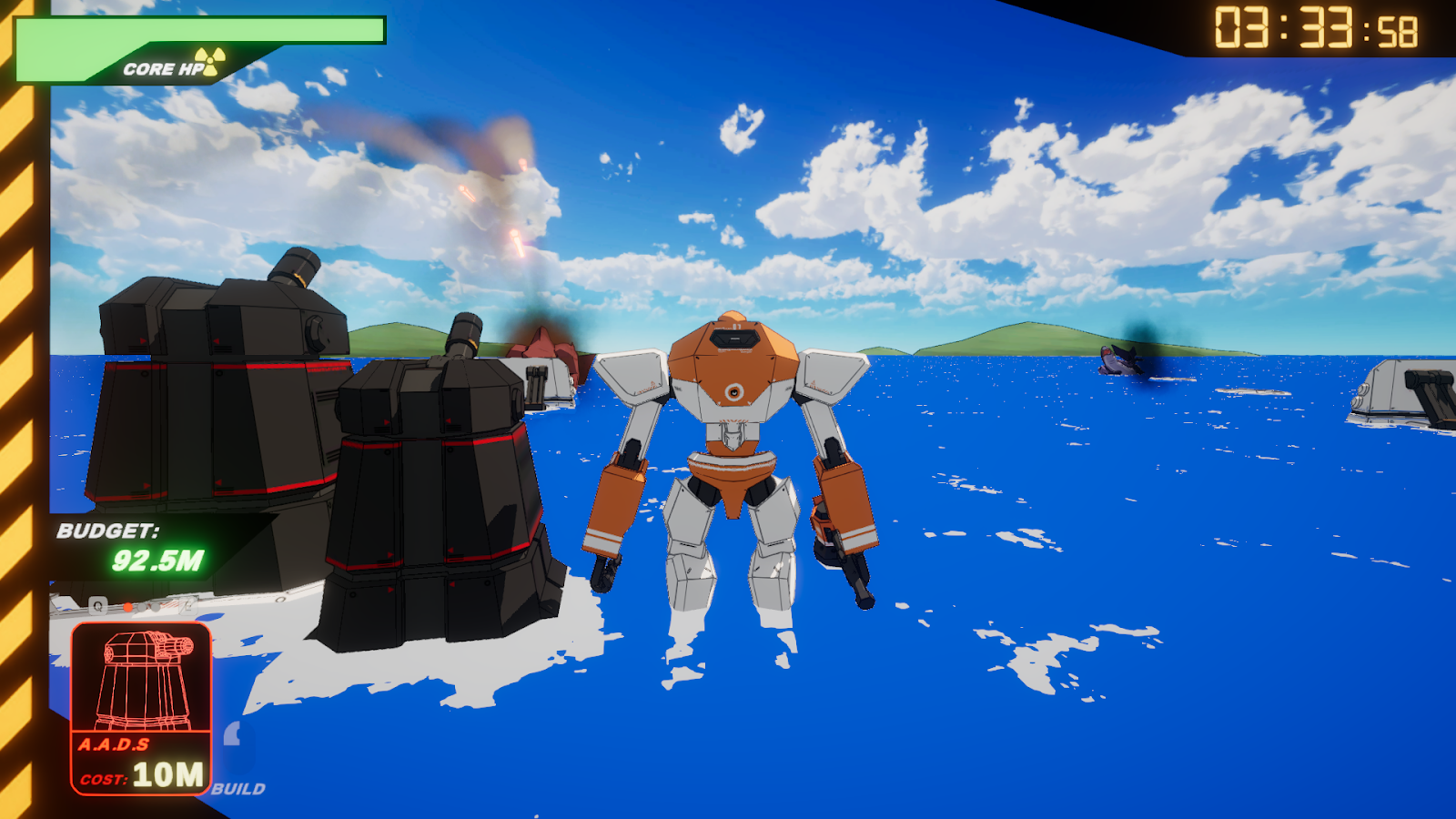 A robot stands next to turrets firing at a monster.