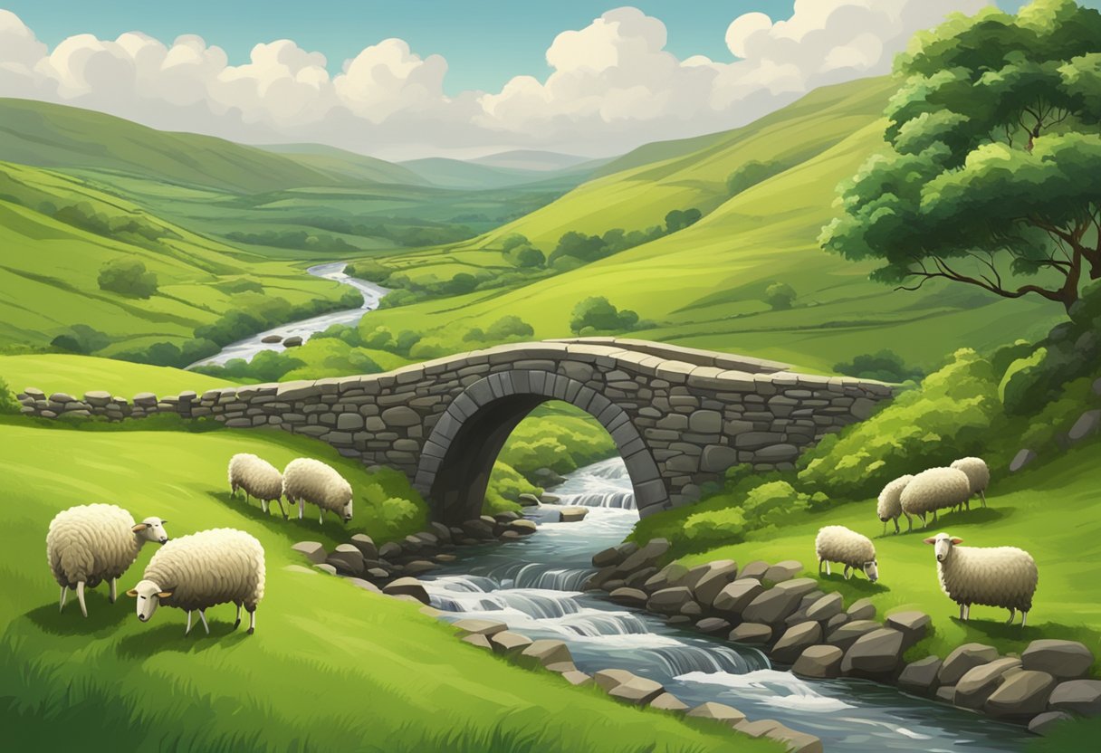 A winding road through lush green hills, with a traditional Irish stone bridge crossing a babbling brook. Sheep graze in the distance under a cloudy sky