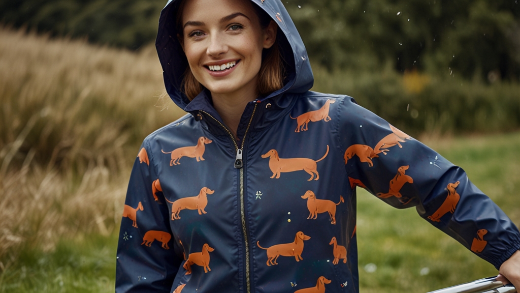 joules golightly navy sausage dog printed waterproof packaway zip jacket​