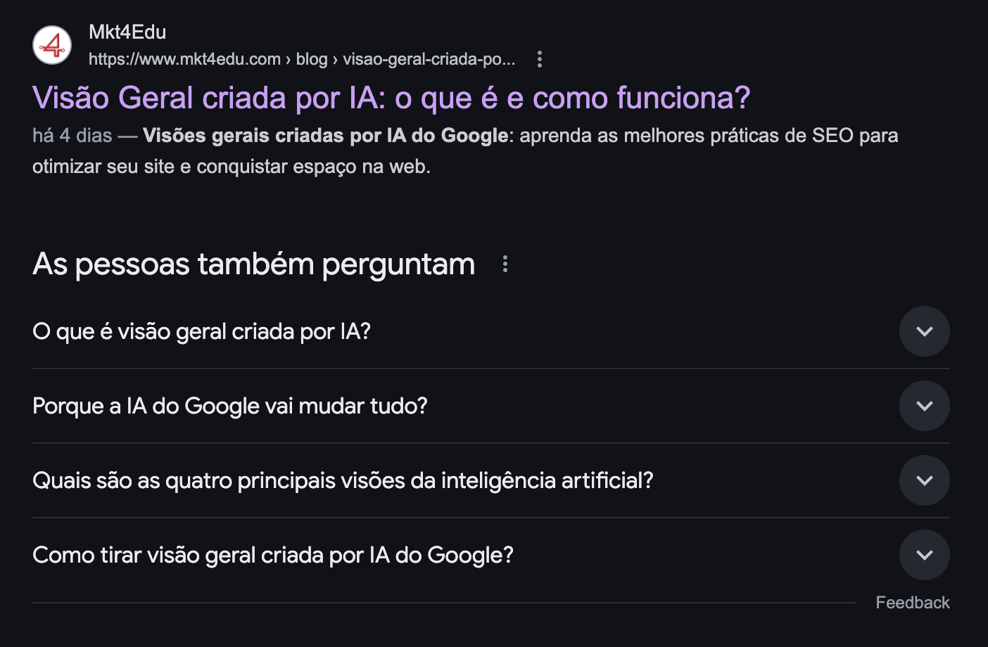 Imagem mostra resultado de busca no Google com o título “Visão Geral criada por IA: o que é e como funciona?”, seguida por perguntas frequentes como “O que é visão geral criada por IA?” e “Como tirar visão geral criada por IA do Google?”.