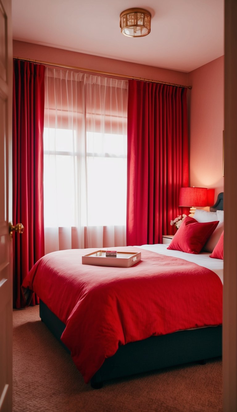 A cozy bedroom with raspberry curtains, warm lighting, and red accents throughout