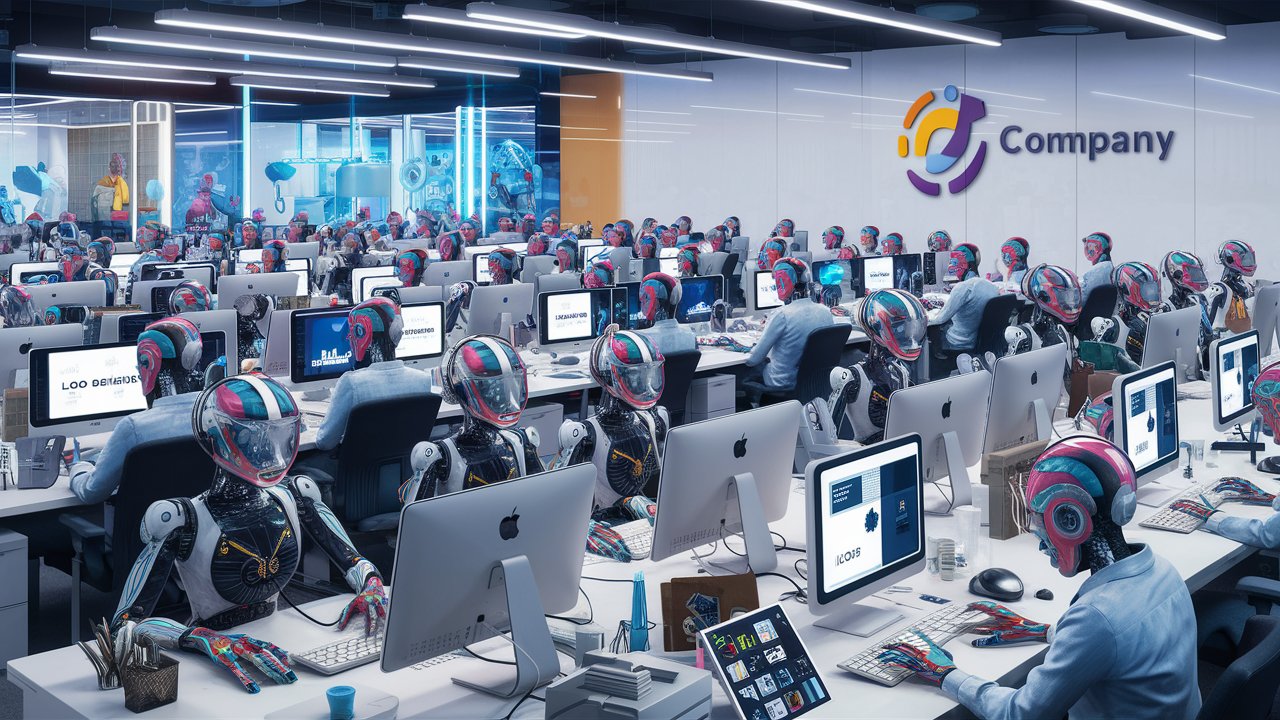 a group of AI sitting at computers as they're working as ai logo generator designer