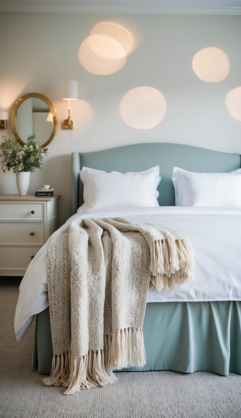 An elegant throw blanket drapes over a neatly made bed in a serene guest bedroom