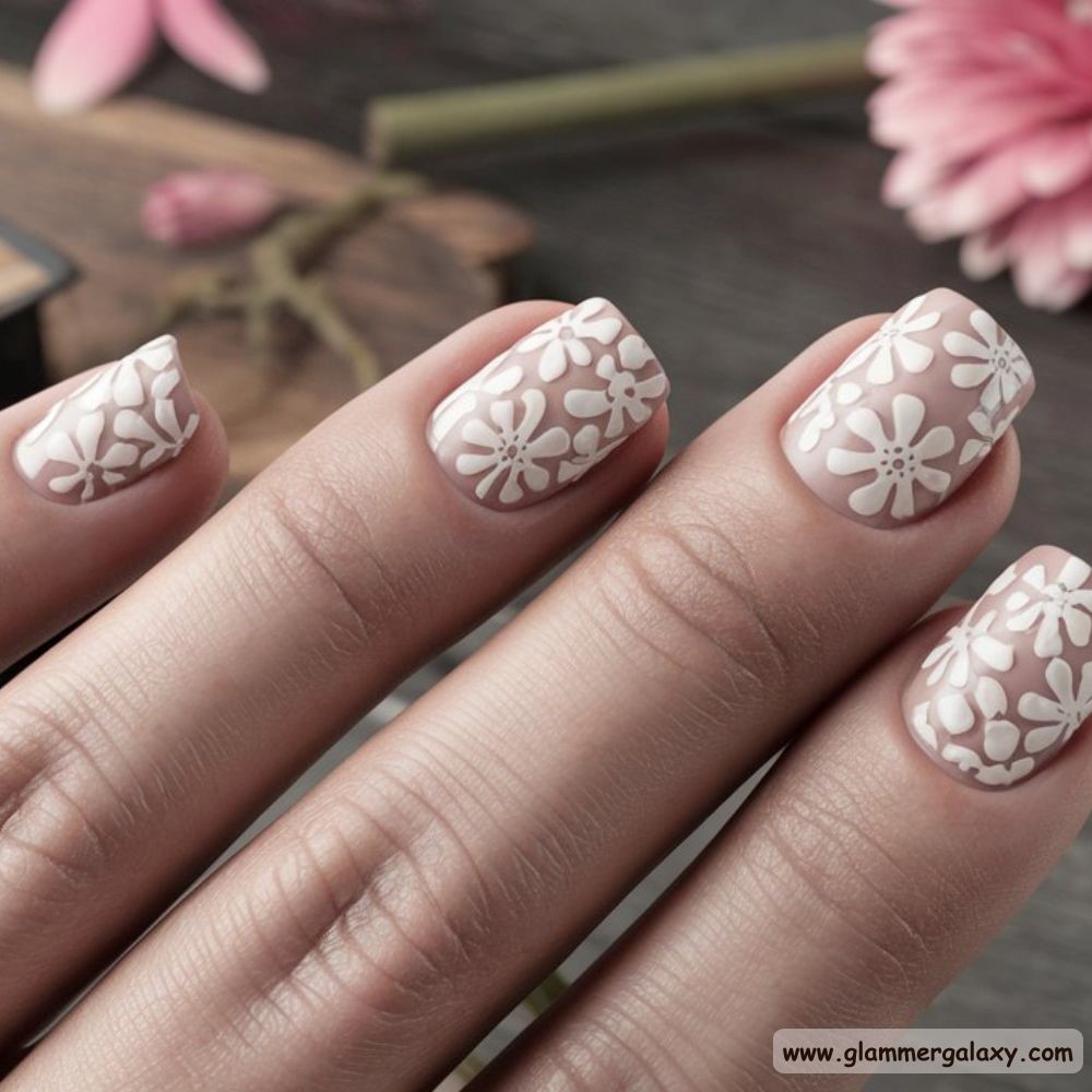 End of Summer Nails having Floral White Accents