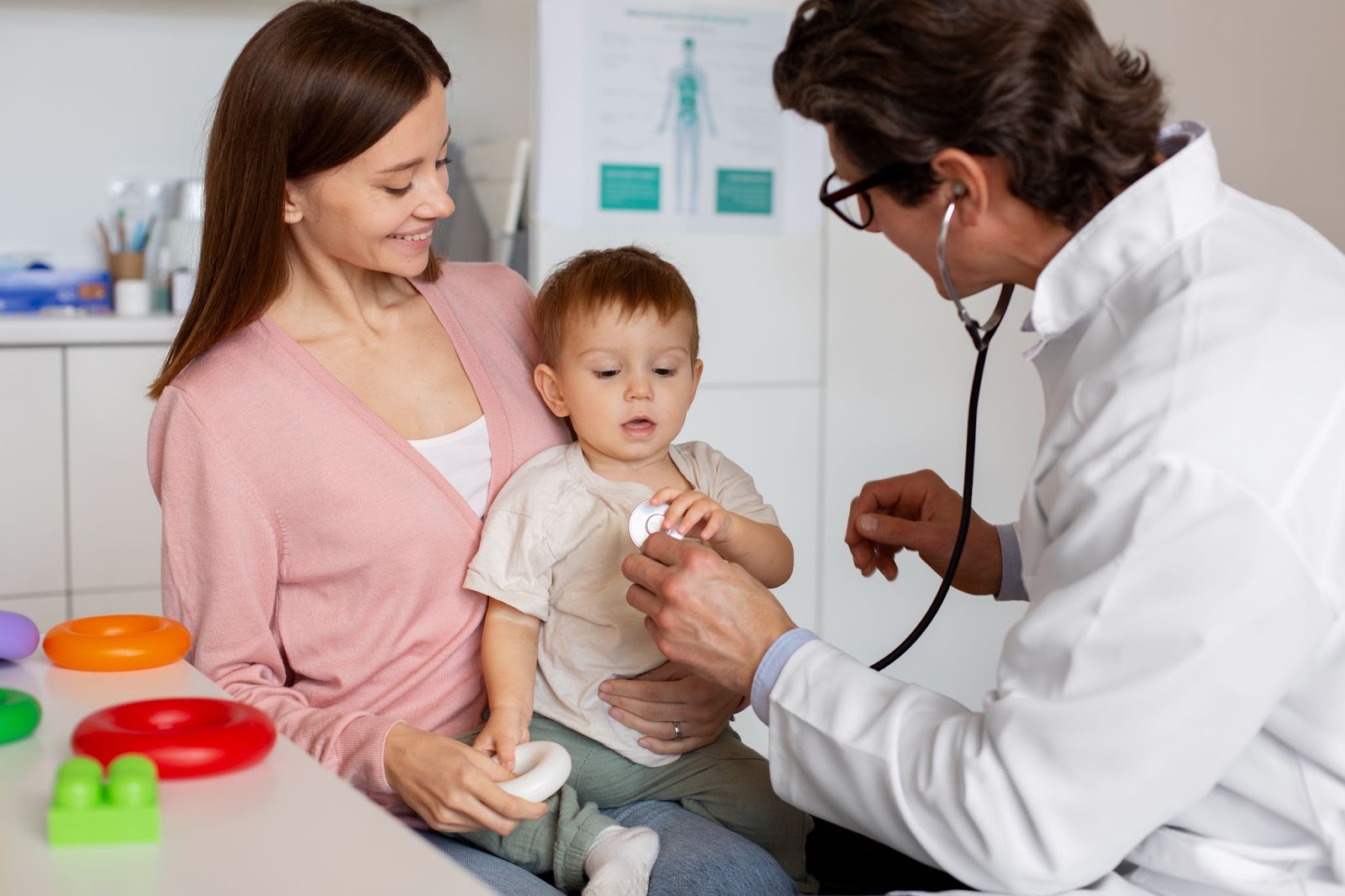 A mother and her child consulting with a pediatrician