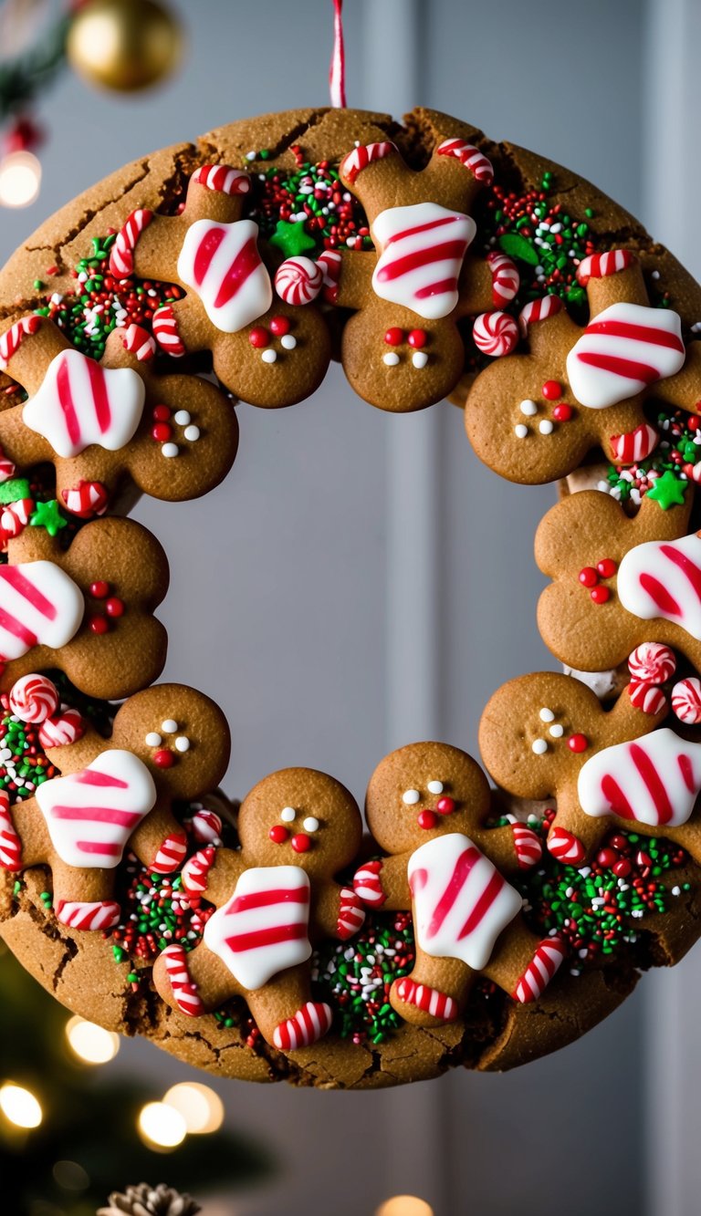 A wreath made of gingerbread cookies, adorned with festive decorations like icing, candy canes, and holiday-themed sprinkles