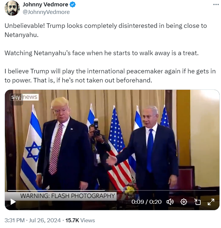 Trump initially walking away without shaking hands with Netanyahu.
