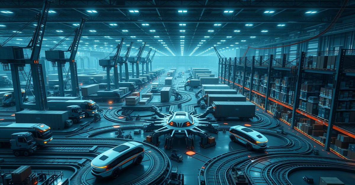 A vast logistics hub, dominated by towering robotic cranes and automated warehouses. In the foreground, sleek autonomous delivery vehicles navigate intricate paths, their sensors scanning the environment. The middle ground features a network of interconnected hubs, each with its own AI-powered dispatch and inventory management systems. In the background, a data center hums with the processing power that orchestrates this complex, efficient system. The lighting is cool and futuristic, casting long shadows and highlighting the advanced technology at work. The overall atmosphere conveys the seamless integration of artificial intelligence and logistics, a vision of the future where human and machine work in harmony to streamline global supply chains.