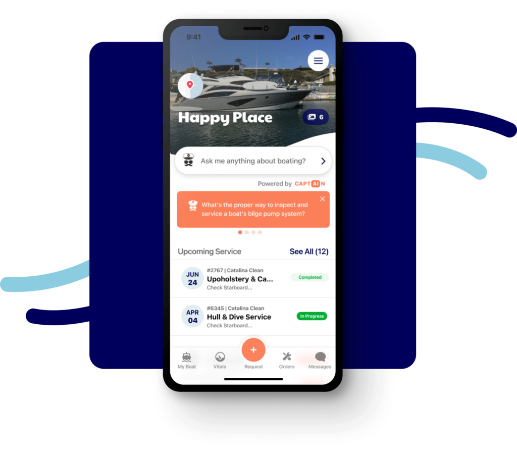 In-app screenshot of BoatBot and upcoming services for your Yacht. 
