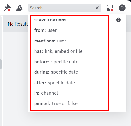 A screenshot of the Discord search feature with options like "From," "Mentions," "Has," and filters for narrowing search results.