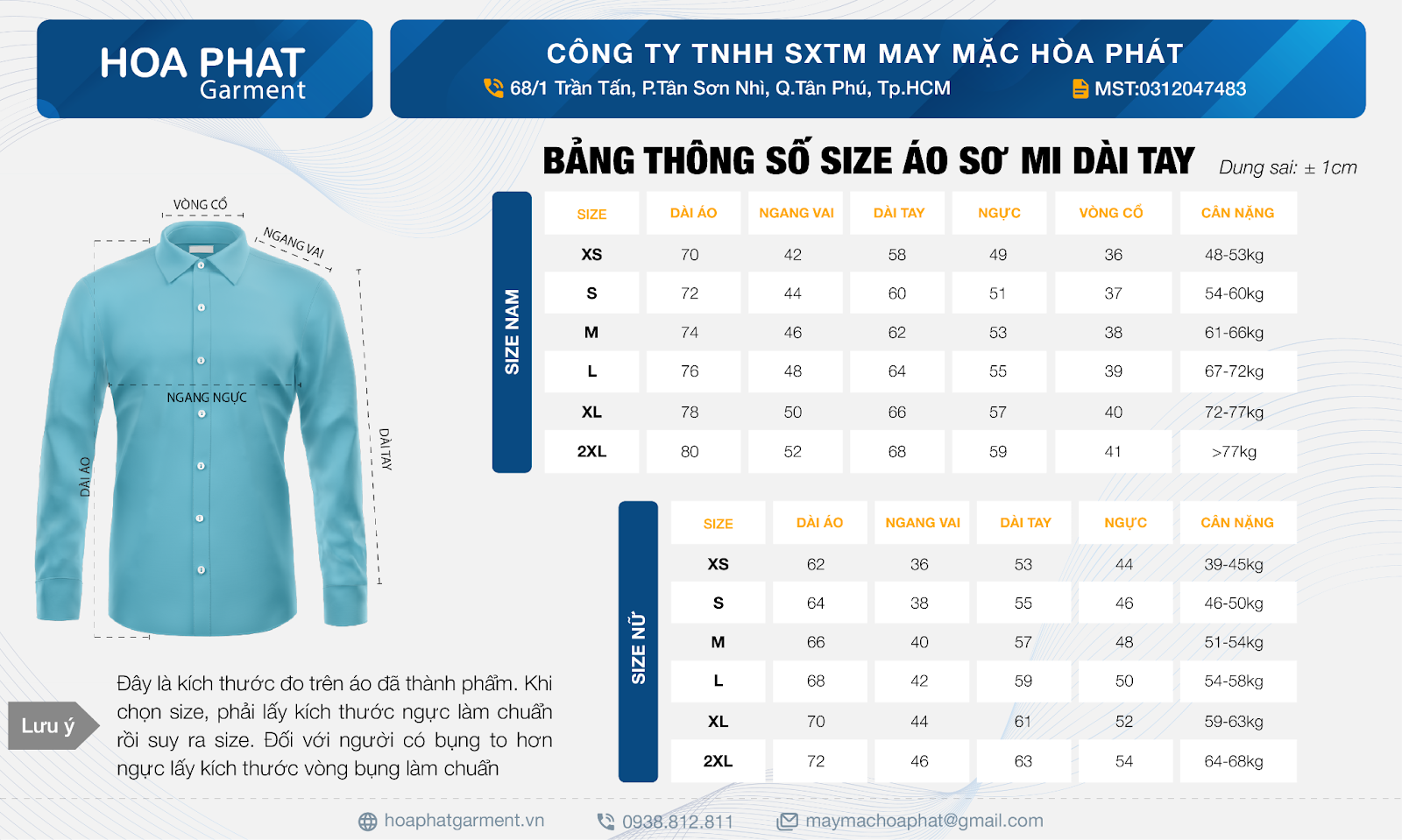 bảng size áo sơ mi tay dài