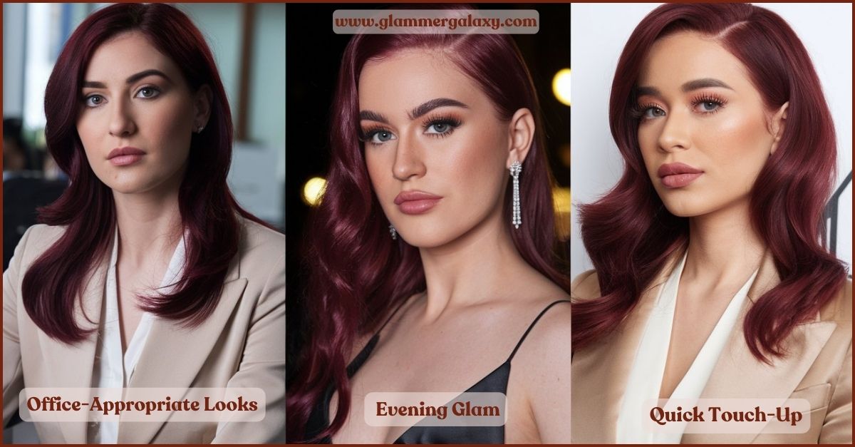 Three stages of burgundy hair makeup transition from office to evening.