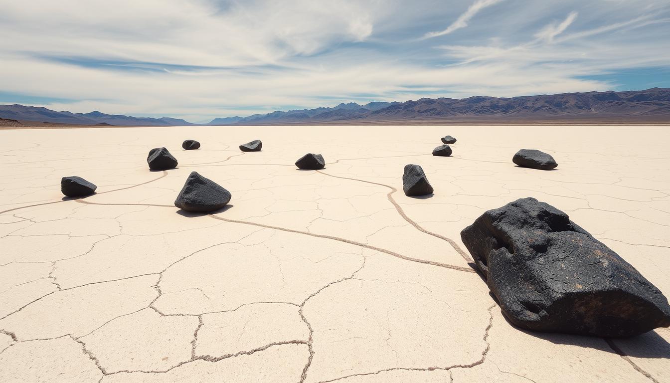 Sailing stones with long tracks behind them at Death Valley's Racetrack Playa