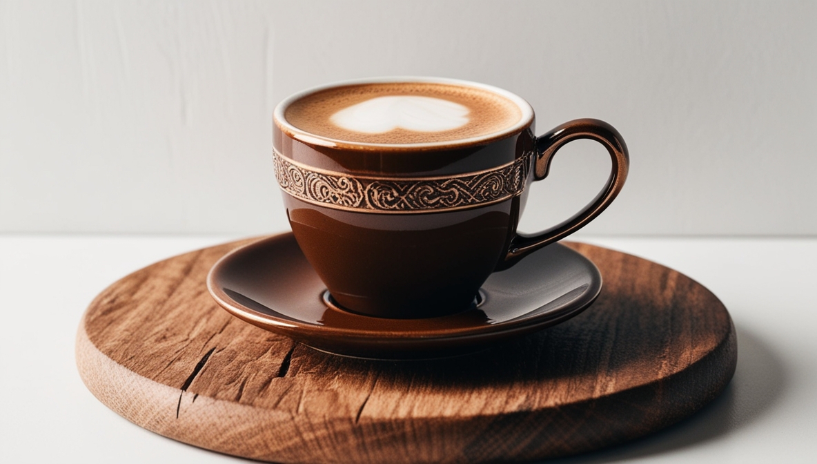  A cup of latte with a heart-shaped design in the foam sits on a saucer, which is placed on a wooden coaster. The cup is brown with a gold band around the rim. The background is a simple white surface.