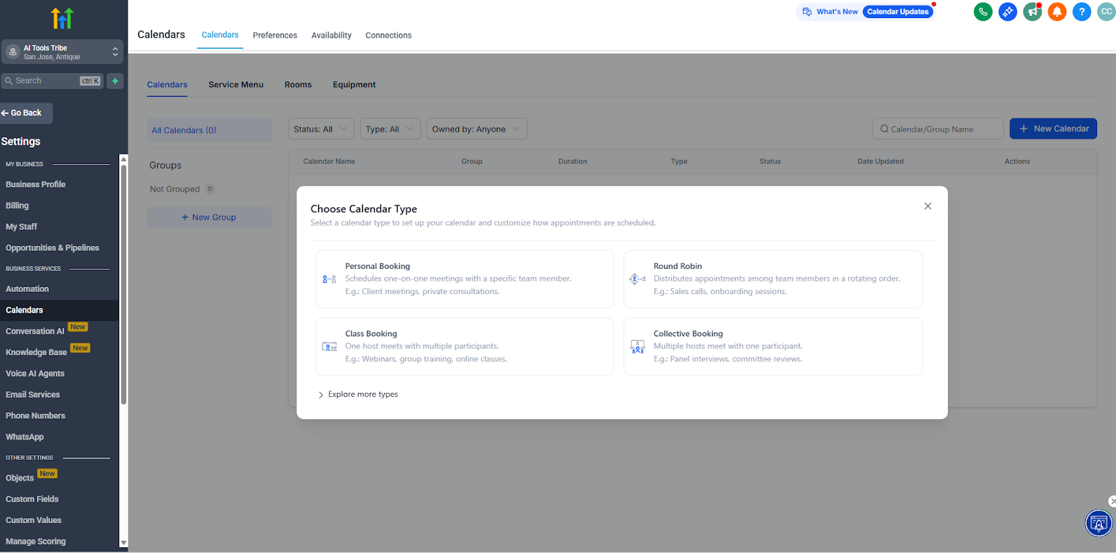 GoHighLevel calendar settings showing options for personal, round robin, class, and collective bookings to support lead scheduling and funnel management.