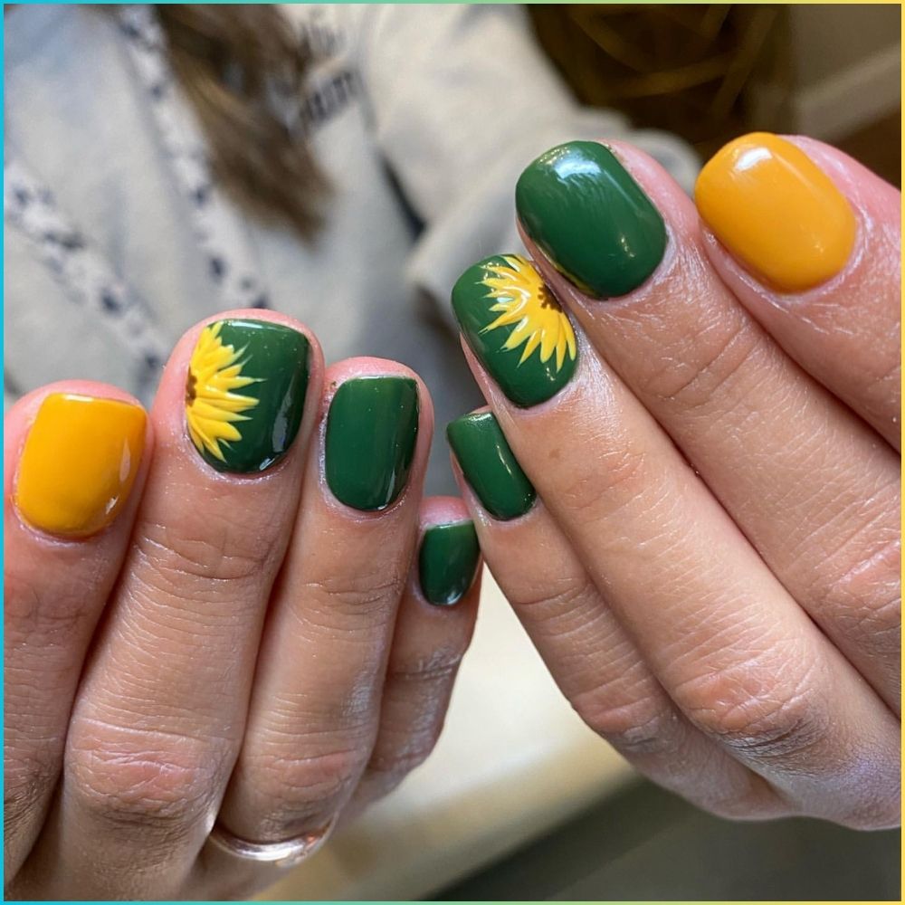 Close up of flowered short nail design with Sunflower theme 