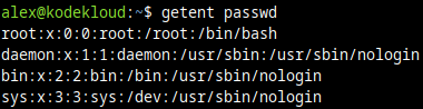 Screenshot showing the type of output displayed by the "getent passwd" command