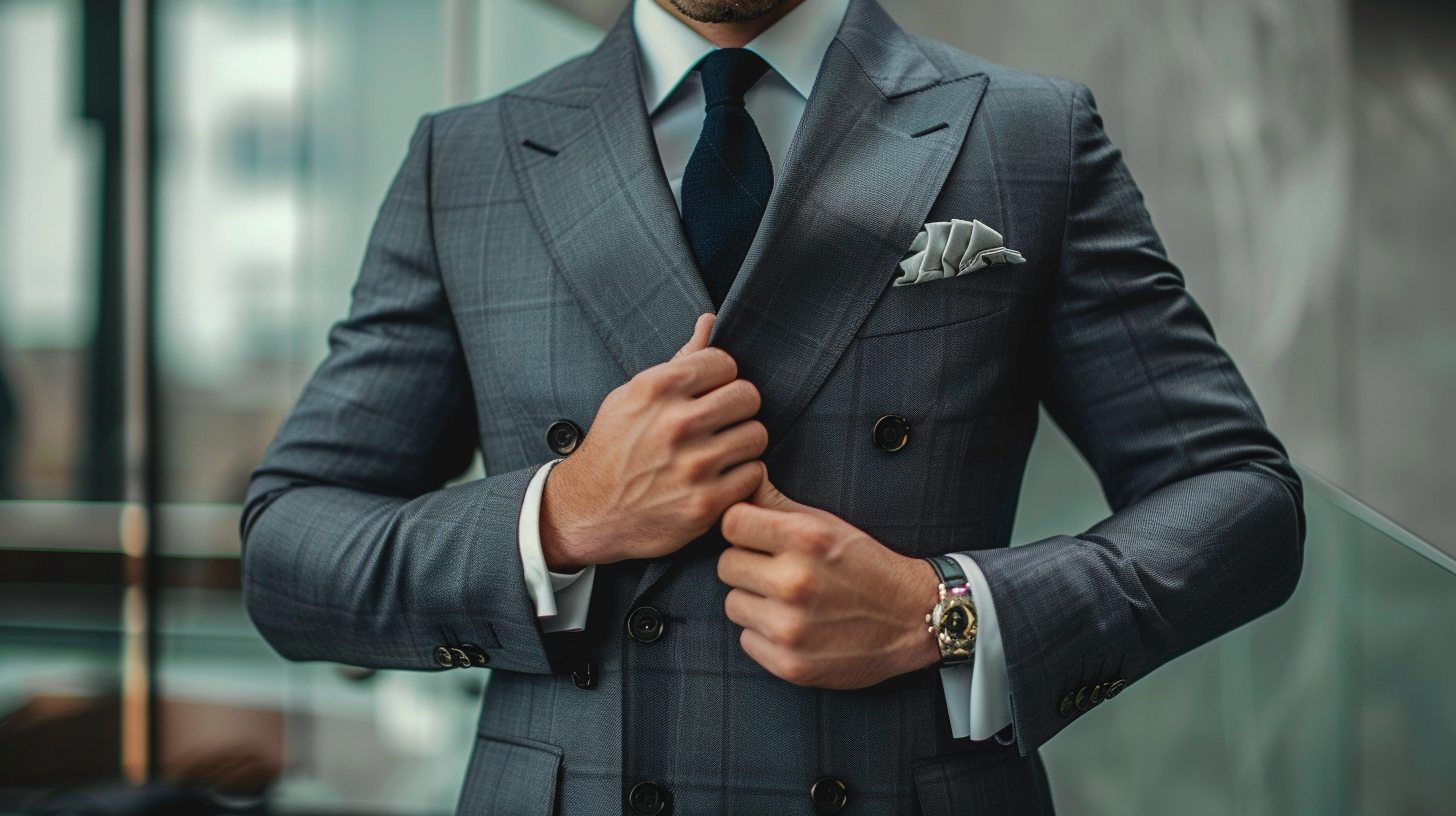 A man in a double-breasted charcoal grey suit, structured and formal, in a corporate or formal event setting, exuding power and polish