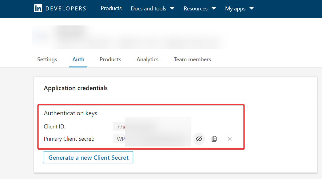 LinkedIn Developers portal on the 'Auth' tab displaying application credentials containing the client ID and primary client secret.