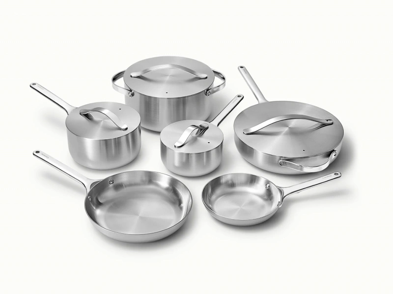 Caraway Cookware & Minis Set with non-toxic 5-ply stainless steel, heat resistance, and a lifetime warranty for lasting durability