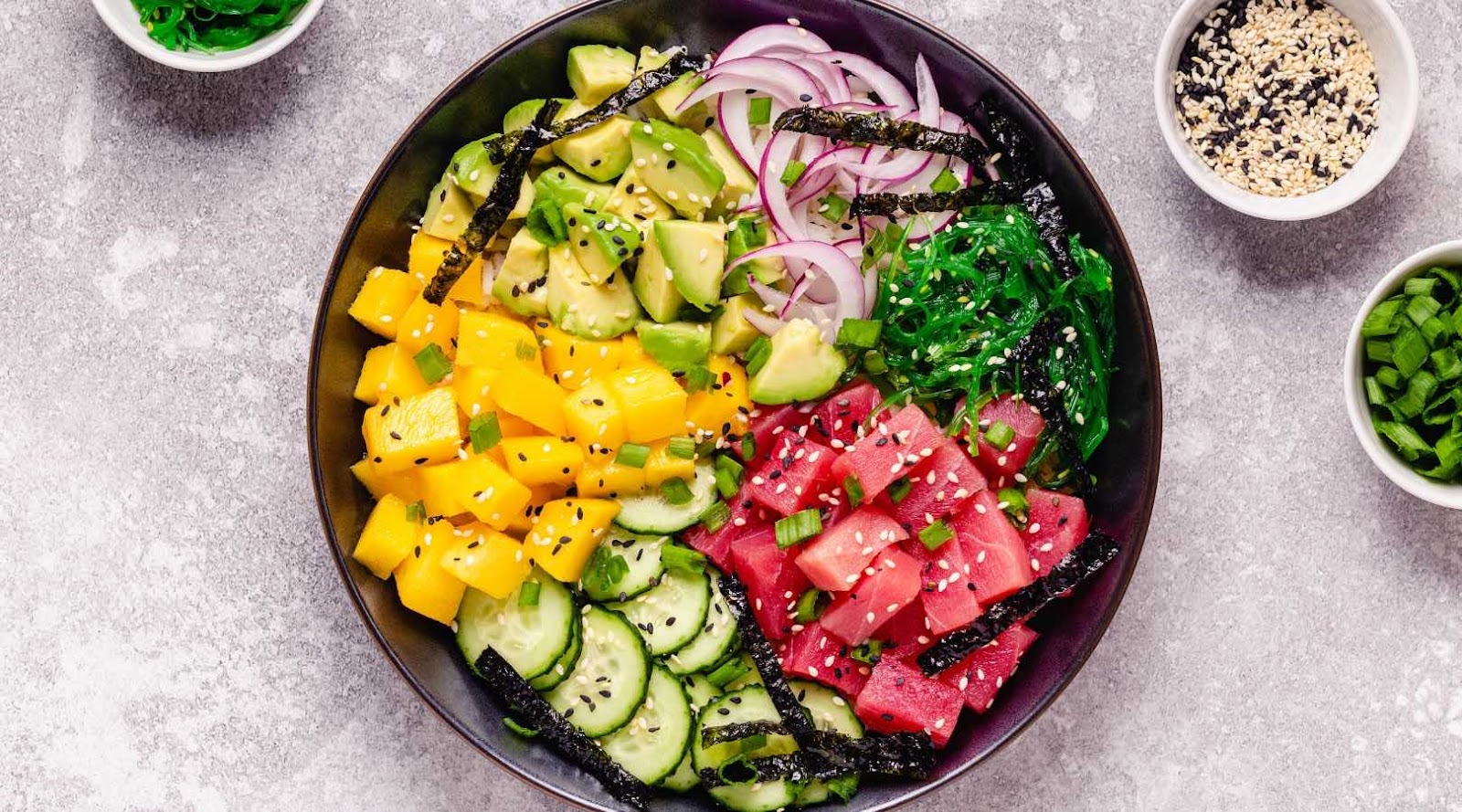 Vibrant poke bowl from a registered dietitian approved healthy restaurant in Toronto