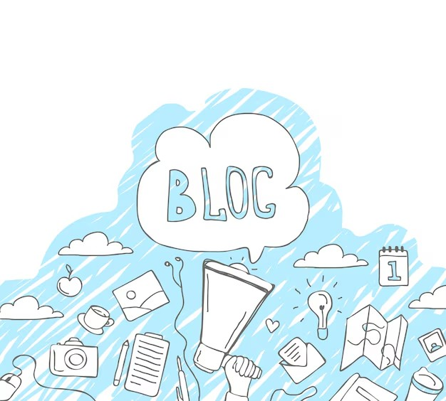 Background with sketches and the word BLOG with ideas about writing a business blog